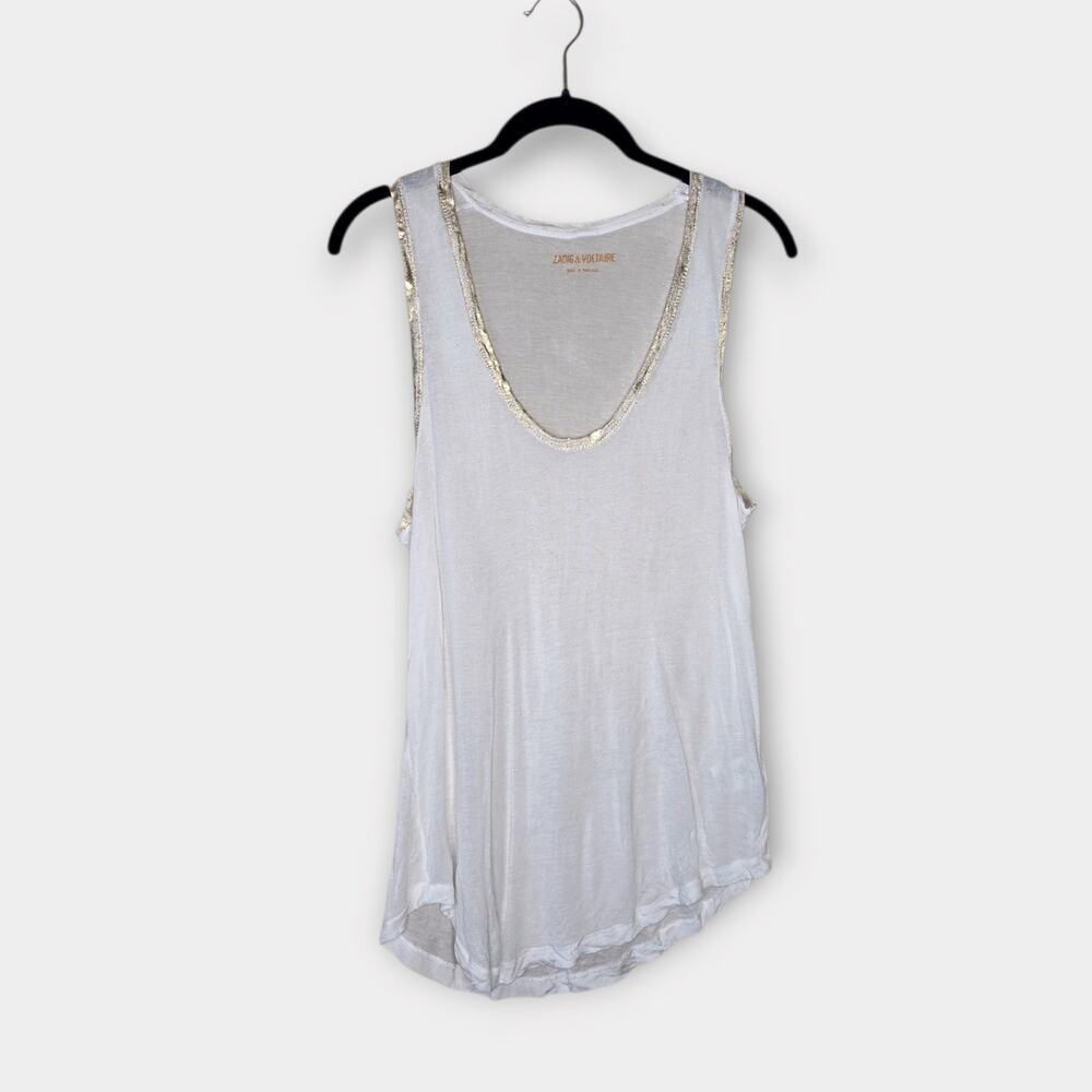 Zadig & Voltaire Tam White Tank Top Gold Foil Trim Modal Women's Lg